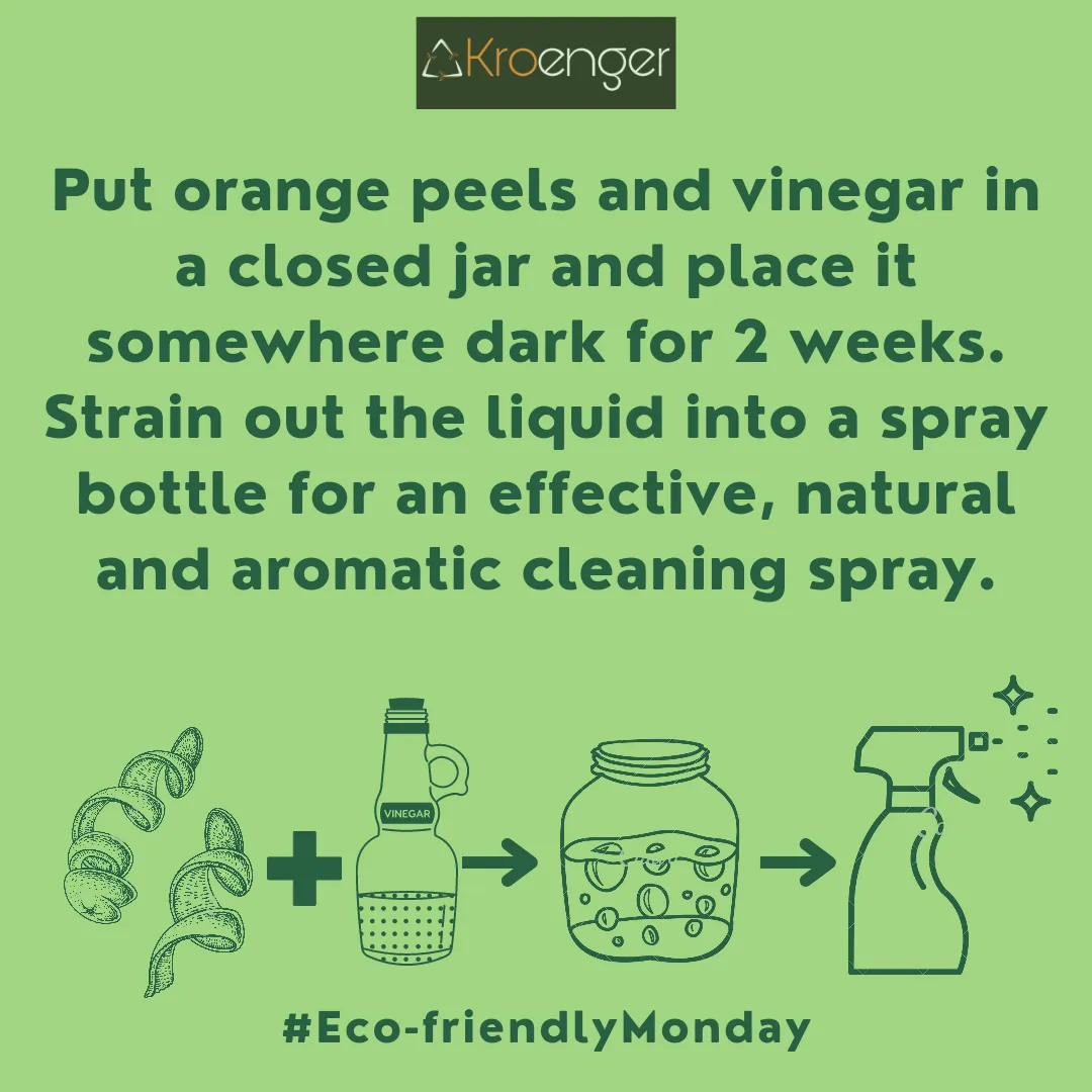 Put orange peels and vinegar in a closed jar and place it somewhere 
        dark for 2 weeks. Strain out the liquid into a spray bottle for an effective, 
        natural and aromatic cleaning spray.
